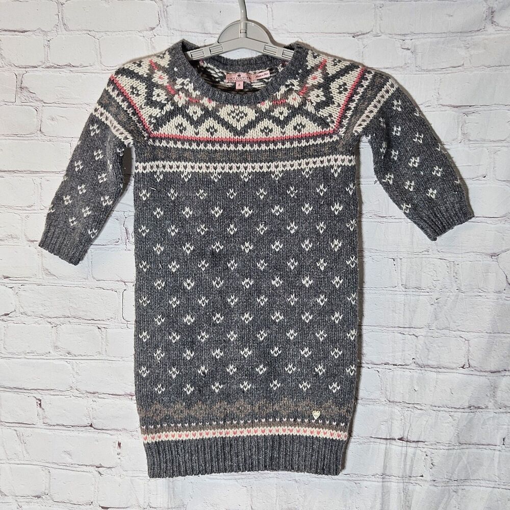Juicy Couture Girls Fair Isle Sweater Gray Wool Blend Size 8 Winter Pullover